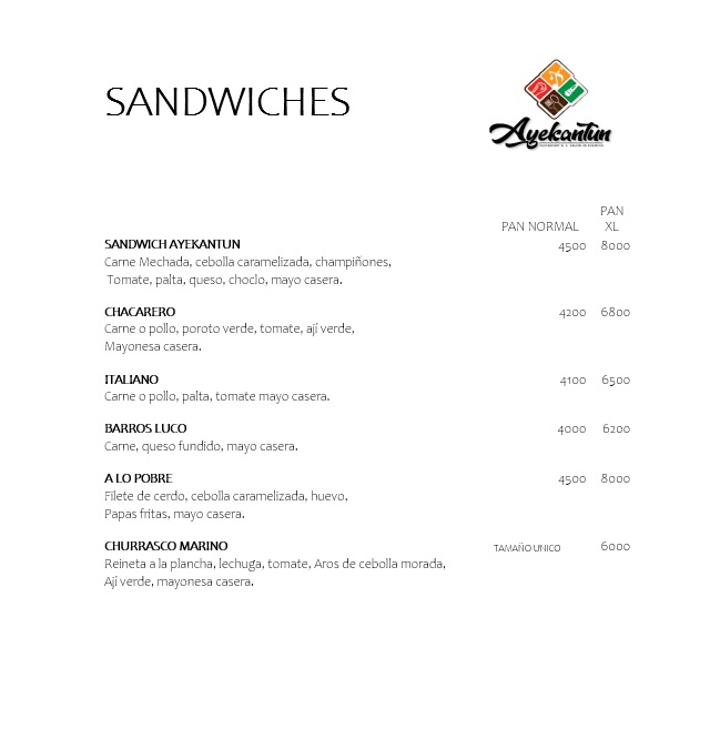 Carta de Restaurante Ayekantun en arauco, Biobío — página 1